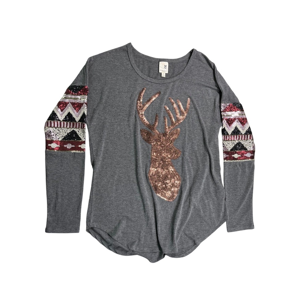Pink Owl Gray Sequin Deer Long Sleeve Top Women's Small Boutique Holiday
